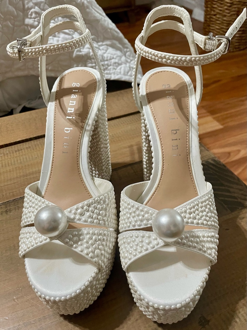 Gianni Bini White Pearl-Embellished Platform Sandals